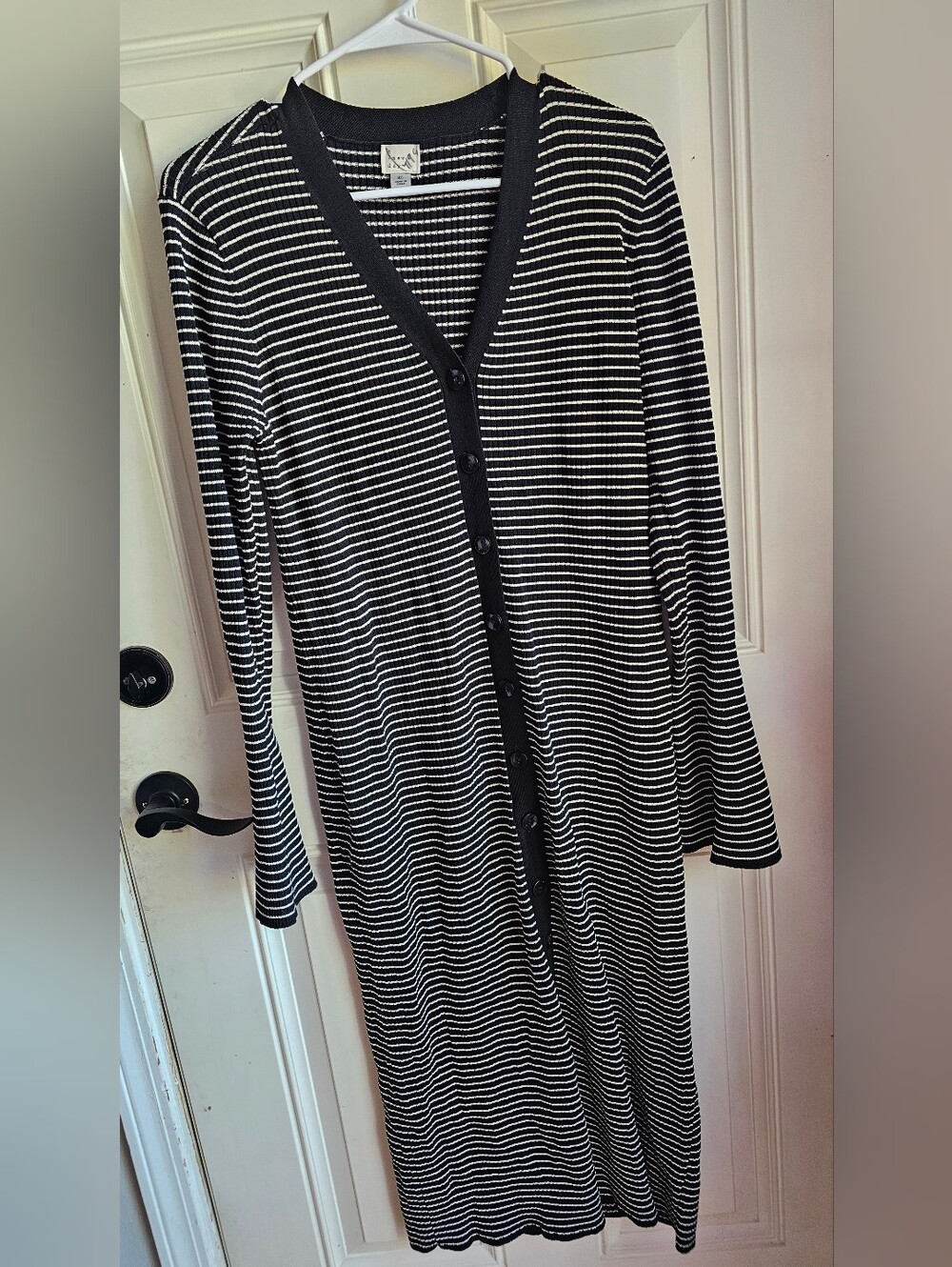 A New Day Flared Sleeve Black And White Striped Midi Button Up Dress